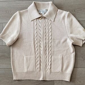 St. John Cream Short-Sleeve Zip Front Cable Knit Sweater